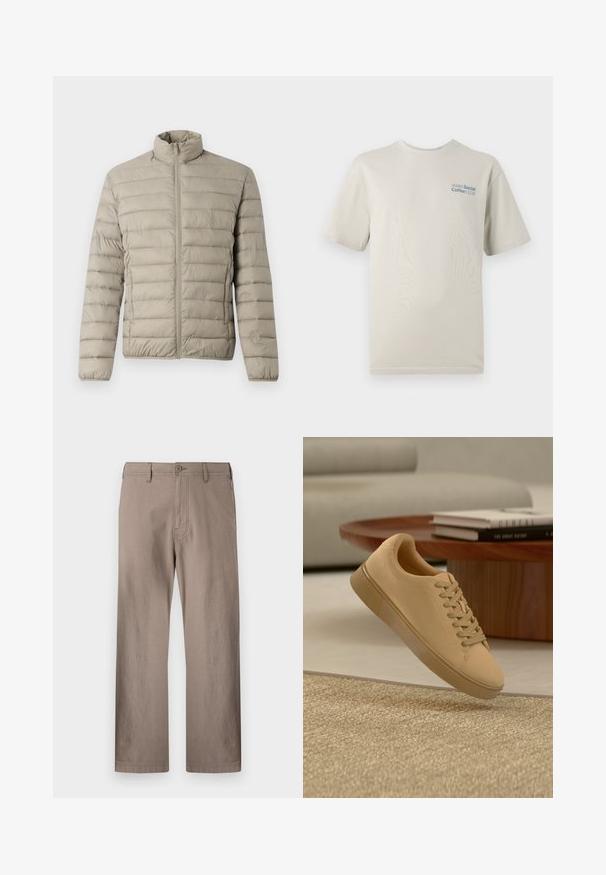 Only & Sons ONSGAVIN LIFE LIGHT JACKET - Ελαφρύ μπουφάν - laurel oak; Ανοιχτό μπεζ κοντομάνικο t-shirt φτιαγμένο από μαλακό βαμβάκι, με εκτύπωση μπλε κειμένου "SOHO Social Coffee CLUB" στην αριστερή πλευρά του στήθους.; Μπεζ παντελόνια ίσιας γραμμής κατασκευασμένα από ελαφρύ ύφασμα με κούμπωμα, διαθέτοντας μπροστινές τσέπες και καθαρές ραφές.; Μπεζ παπούτσι με κορδόνια που αιωρείται πάνω από υφασμένο χαλί με ξύλινο τραπεζάκι και στοιβαγμένα βιβλία στο θολωμένο φόντο.