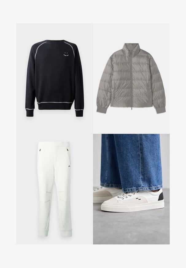 Grau gepolsterte Steppjacke mit hohem Kragen, zwei seitlichen Reißverschlusstaschen, elastischen Bündchen und einer leichten, glatten Textur.; Schwarzer Sweatshirt mit Rundhalsausschnitt, langen Ärmeln und kontrastierenden weißen Nähten. Beinhaltet ein kleines Grafikdesign auf der Brust. Weiche Stofftextur.; Weiße Jogginghose aus weichem Stoff, mit zwei Reißverschlusstaschen, Akzentnähten und gerippten Bündchen für eine anliegende Passform.; Weiße und schwarze Sneaker mit einem Obermaterial aus glattem Leder, strukturierten Akzenten und einer massiven weißen Sohle. Verfügt über ein klassisches Schnürdesign.