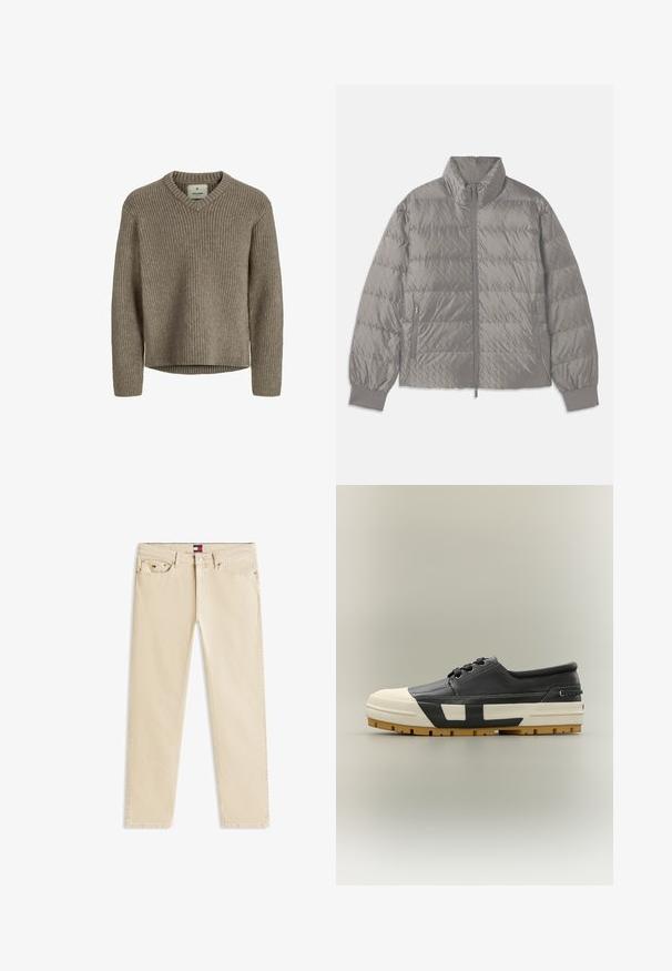 Veste matelassée grise en duvet avec un col haut, deux poches zippées sur les côtés, des poignets élastiques et une texture légère et lisse.; Pull en tricot côtelé beige avec un col en V et des manches longues. Texture douce, coupe décontractée et ourlet droit sans fentes sur les côtés.; Jean beige taille slim avec cinq poches, passants pour ceinture, braguette zippée, fermeture par bouton, et petit logo Tommy Hilfiger sur la poche avant.; Baskets basses noires avec embout en caoutchouc blanc, semelle épaisse avec accents géométriques noirs et blancs, et semelle extérieure brune crantée.