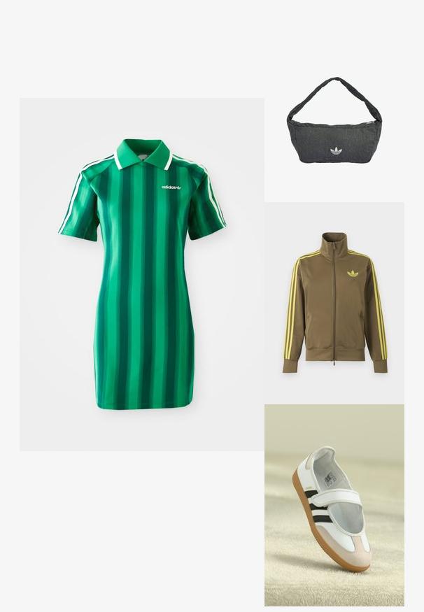 Olivgroene trainingsjas met rits en hoge kraag, gele drie strepen op de mouwen en geel Adidas trefoil-logo op de linkerborst.; Groen gestreepte polokleed gemaakt van zachte stof. Voorzien van een kraag, korte mouwen en het witte Adidas-logo. Verticale strepen in verschillende tinten.; Witte schoen met een roze suède neus, zwarte strepen en een klittenbandsluiting. Heeft een tan rubberen zool en een logo aan de zijkant.; Donkere grijze schoudertas van getextureerde stof, met een ritssluiting en een geborduurd logo aan de voorkant. Lange, gebogen schouderriem.