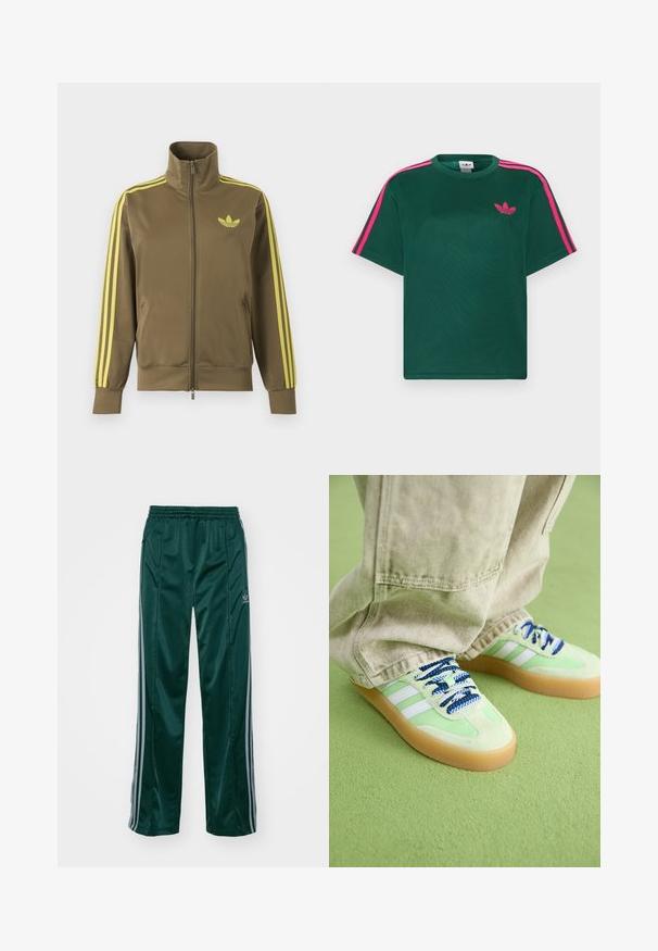 Oliivroheline lukuga spordijakk kõrge kraega, kollaste triipudega varrukatel ja kollase Adidas trefoil logoga vasakul rinnal.; Roheline lühikeste varrukatega T-särk, mille õlgadel on eredapinkid triibud ja rinnal Adidas kolmelehise ristikheina logo.; Tumedad roheline sportpants, mis on valmistatud läikivast materjalist, külgedel on heledates hallides triipudes ja vasakul jalal on broderdatud logo.; Rohelised sametist spordijalatsid valgete triipudega, siniste ja mustade mustriga paeladega ning gummi tallaga. Kanda helesiniste, veidi lõdvemate pükstega.