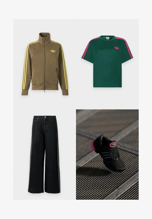 Olivgrüne Zip-Jacke mit hohem Kragen, gelben drei Streifen an den Ärmeln und gelbem Adidas-Trefoil-Logo auf der linken Brust.; Grünes T-Shirt mit kurzen Ärmeln, leuchtend pinken Streifen auf den Schultern und Adidas-Trefoil-Logo auf der Brust.; Schwarze Denim-Jeans mit weitem Bein, seitlichen Streifen, vorderen Taschen, Gürtelschlaufen und einem Metallknopfverschluss an der Taille.; Schwarzer Sportschuh mit Netzobermaterial, pinken Akzenten und schwarzen gestreiften Details. Verfügt über eine strukturierte Außensohle und ein Logo-Label an der Ferse.