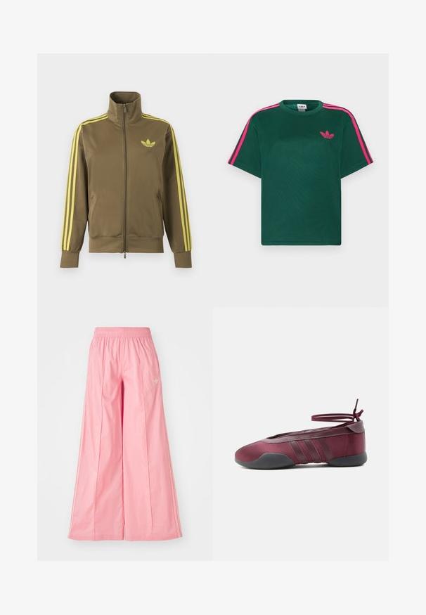 Olivgrüne Zip-Jacke mit hohem Kragen, gelben drei Streifen an den Ärmeln und gelbem Adidas-Trefoil-Logo auf der linken Brust.; Grünes T-Shirt mit kurzen Ärmeln, leuchtend pinken Streifen auf den Schultern und Adidas-Trefoil-Logo auf der Brust.; Rosa weit geschnittene Hosen aus einem leichten Stoff, mit einem elastischen Bund und dezenten weißen Seitenstreifen. Kleines Logo auf der Vorderseite.; Bordeauxrote Ballerina mit schwarzer Sohle, elastischen Knöchelriemen, die zu einer Schleife gebunden sind, und gesteppten Details an den Seiten, von der Außenseite gezeigt.