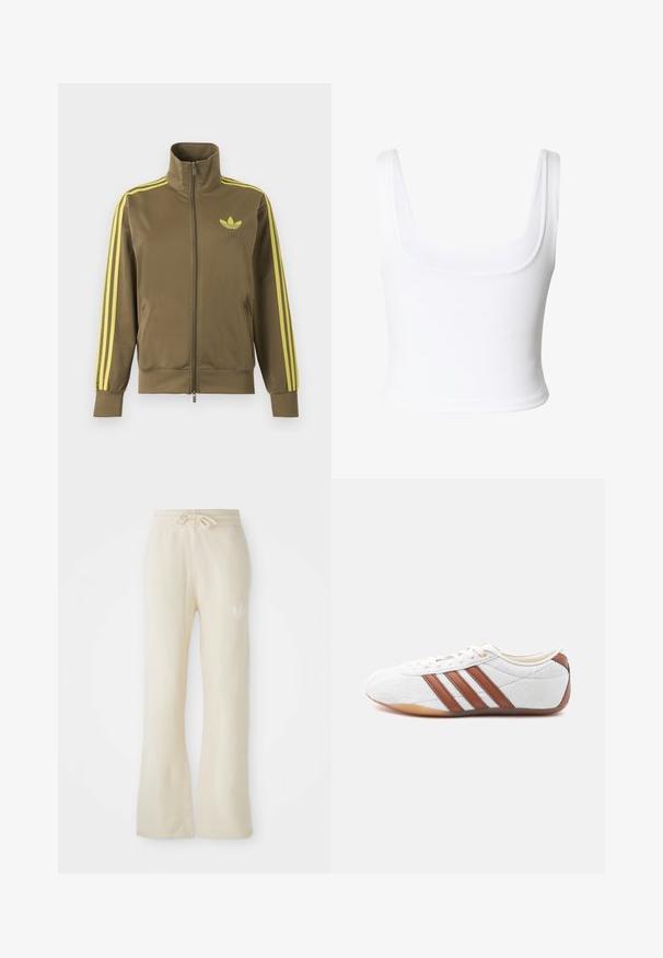 Olivgrüne Zip-Jacke mit hohem Kragen, gelben drei Streifen an den Ärmeln und gelbem Adidas-Trefoil-Logo auf der linken Brust.; Weißes kurzes Tanktop mit breiten Trägern und quadratischem Ausschnitt aus glattem Stoff.; Cremefarbene Jogginghose aus einem weichen Material, mit einem Kordelzugbund und ausgestellten Beinen. Subtiles Logo-Detail an der linken Hüfte.; Weißer Sneaker mit niedrigem Schaft, braunen Lederstreifen, Schnürverschluss und einer Laufsohle aus Gummimaterial, von der Innenseite auf weißem Hintergrund gezeigt.