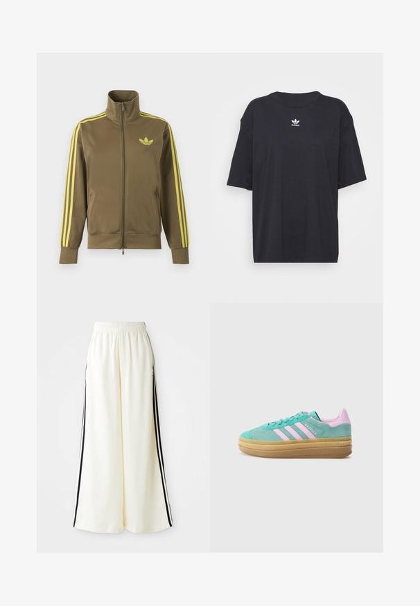 Oliven grøn lynlåstrøje med høj krave, gule tre striber på ærmerne og gult Adidas trefoil-logo på venstre bryst.; Sort bomulds t-shirt med korte ærmer, rund halsudskæring, med et hvidt Adidas-logo på brystet. Enkel design, afslappet pasform.; Hvide løse bukser med elastisk talje og sorte lodrette striber langs yderseams.; adidas Originals GAZELLE BOLD - Sneakers - powder teal/bliss lilac/pure teal