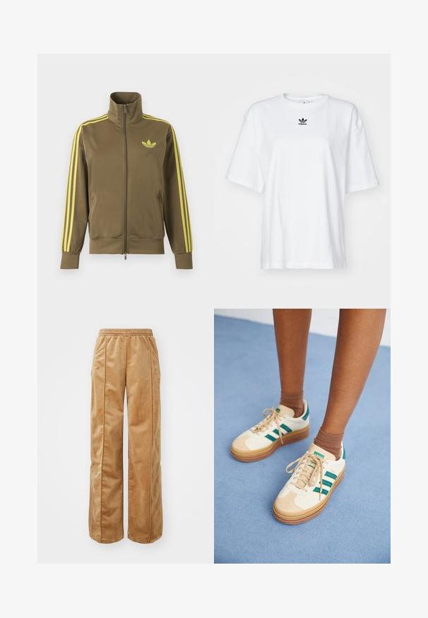 Olivovo zelená štýlová bunda na zips s vysokým golierom, žlté tri pruhy na rukávoch a žlté logo Adidas trefoil na ľavej strane hrude.; Biele tričko s krátkym rukávom vyrobené z bavlny. Má okrúhly výstrih a malé čierne logo Adidas na hrudi. Priamy strih spodného lemu.; Béžové široké nohavice vyrobené z mäkkého, zamatového materiálu. Obsahujú elastický pás a vertikálne švy na prednej strane pre dodatočný detail.; Béžové tenisky s tmavozelenými pruhmi, gumenou podrážkou, zvrškom z semišu a textilu, a neutrálnym hardvérom, skombinované s hnedými ponožkami na svetlomodrom povrchu.