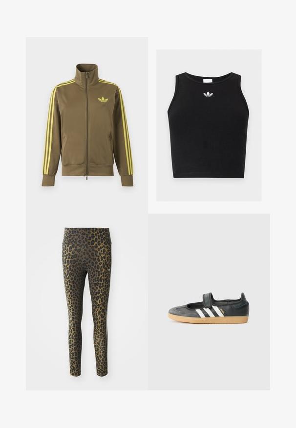 Olivovo zelená štýlová bunda na zips s vysokým golierom, žlté tri pruhy na rukávoch a žlté logo Adidas trefoil na ľavej strane hrude.; Čierny rebrovaný krátky top bez rukávov s okrúhlym výstrihom a malým bielym logom Adidas trefoil umiestneným v strede pri golieri.; Legíny s leopardím vzorom s vysokým pásom, elastickou tkaninou a čiernymi akcentmi na svetlohnedom podklade, navrhnuté pre pohodlie a prispôsobenie.; Čierne kožené a zamšové tenisky s Velcro pásikom, s tromi bielymi pruhmi a gumenou podrážkou, označené nápisom "SAMBA" na boku.