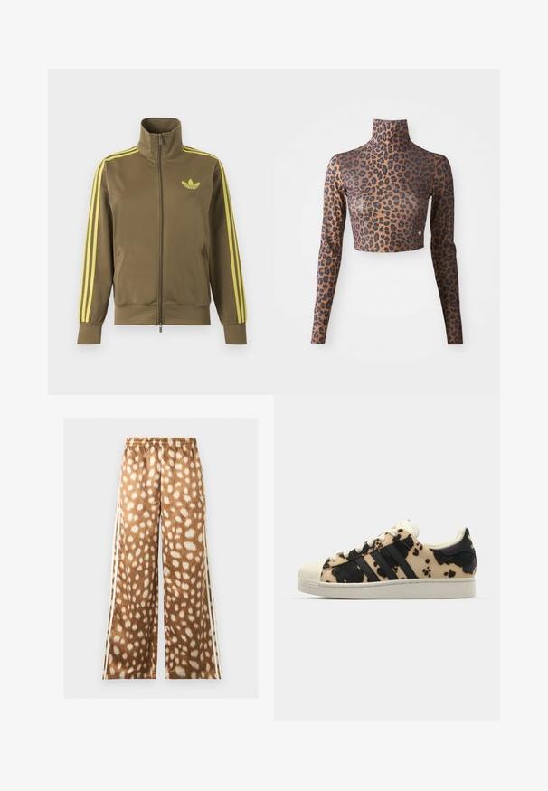 Oliven grøn lynlåstrøje med høj krave, gule tre striber på ærmerne og gult Adidas trefoil-logo på venstre bryst.; Langærmet cropped top med leopardprint i brune og sorte farver, med høj hals og glat, sleek tekstur. Diskret logo-detalje ved kanten.; Bukser med vide ben med beige og hvidt hjorteprint, elastisk talje og hvide sidelommer.; Sko med koshudsmønster i beige og sort, tre sorte striber, hvid gummitå, og struktureret sål. Har snørebånd og branding.
