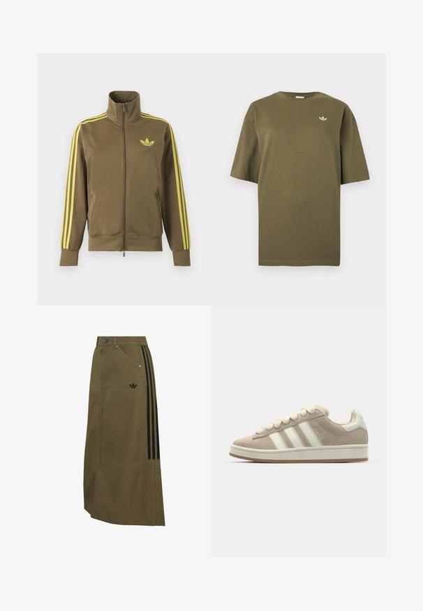Olivgroene trainingsjas met rits en hoge kraag, gele drie strepen op de mouwen en geel Adidas trefoil-logo op de linkerborst.; Olivgroene T-shirt met korte mouwen, ronde hals en klein wit Adidas trefoil-logo op de linkerborst.; Olijfgroene lange rok met zijzakken, zwart Adidas-logo en drie zwarte strepen die aan één kant verticaal lopen.; Tan suède sneaker met witte leren strepen en veters, rubberen zool, gewatteerde kraag en tekstuurdetails aan de bovenkant.