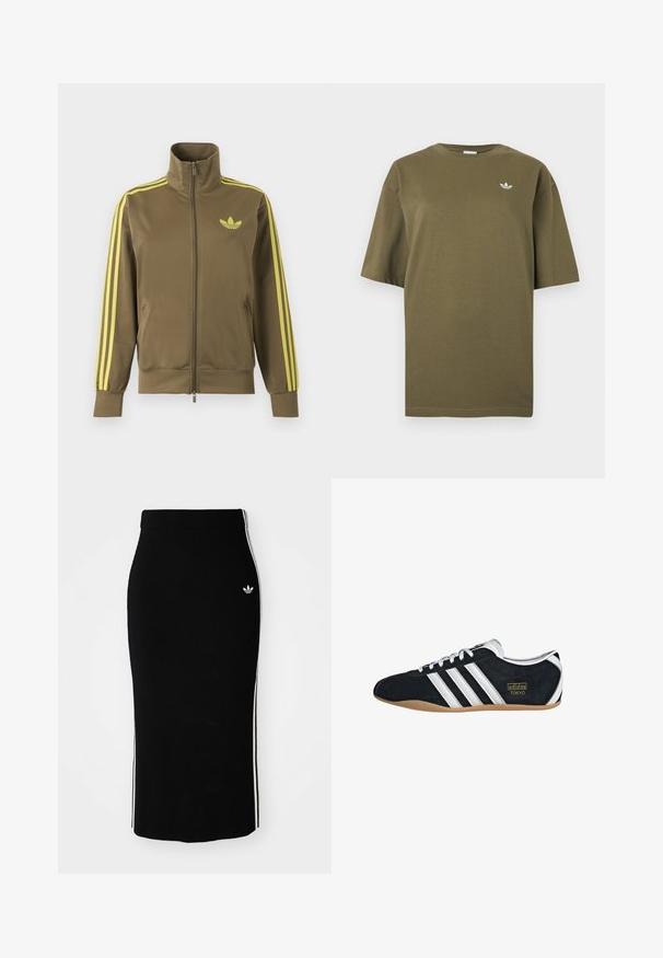 Oliven grøn lynlåstrøje med høj krave, gule tre striber på ærmerne og gult Adidas trefoil-logo på venstre bryst.; Olivengrøn kortærmet T-shirt med rund hals og lille hvid Adidas trefoil-logo på venstre bryst.; Sort ribbet midi-nederdel med en tætsiddende design, der har hvide sidelister og et lille hvidt emblem på venstre side.; Sort ruskinds sneaker med hvide tre striber, guldlogo og en brun gummisål. Har et lavprofil snørebåndsdesign.