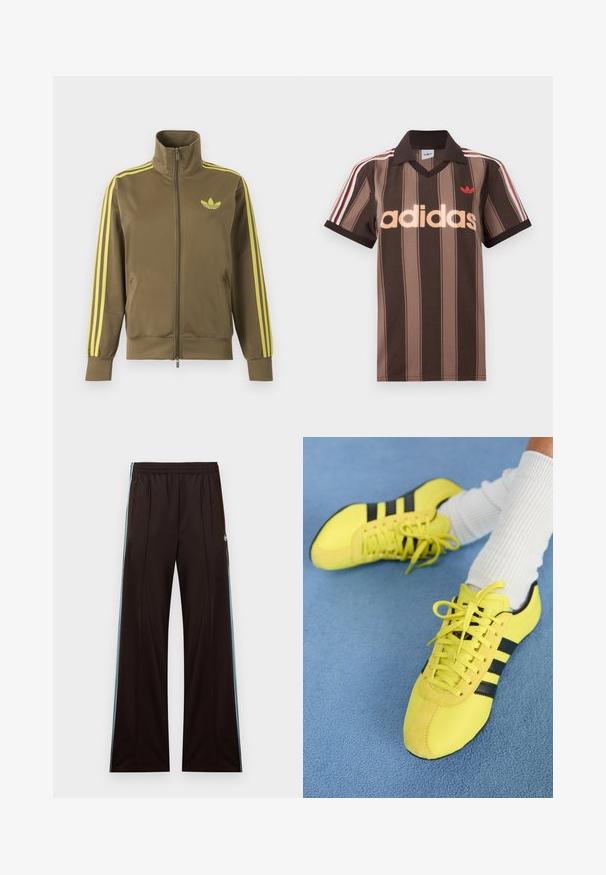 Olivovo zelená štýlová bunda na zips s vysokým golierom, žlté tri pruhy na rukávoch a žlté logo Adidas trefoil na ľavej strane hrude.; Hnedé prúžkované polo tričko Adidas s výstrihom do V, bordovým golierom a červeným logom. Má bielo-červené pruhy na ramenách a krátke rukávy.; Čierne široké teplákové nohavice s svetlomodrými bočnými pruhmi, elastickým pásom, vreckami na zips a logom Adidas na ľavom bedre.; Jasne žlté športové topánky s čiernymi pruhmi a šnúrkami; majú textúrovaný zvršok a semišové akcenty. Nosené s bielymi rebrovanými ponožkami.