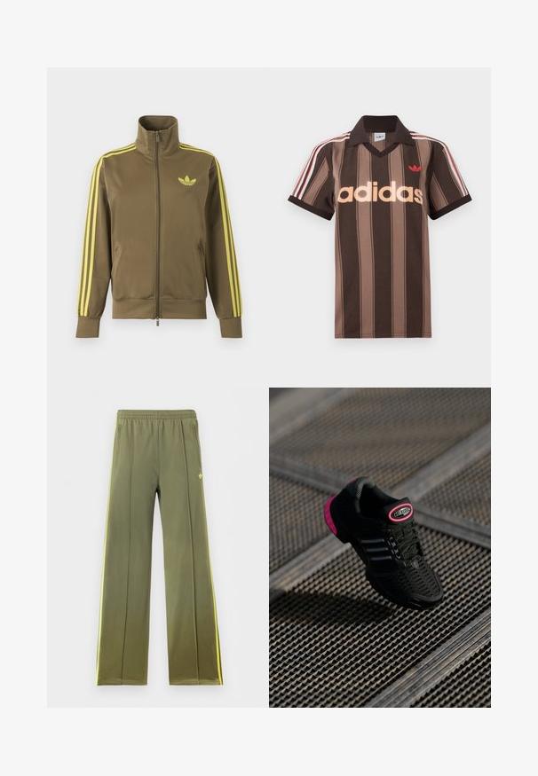 Veste de survêtement zippée vert olive avec col montant, trois bandes jaunes sur les manches et logo Adidas trefoil jaune sur la poitrine gauche.; Polo Adidas rayé marron avec col en V, col bordeaux, et logo rouge. Comprend des rayures blanches et rouges sur les épaules, manches courtes.; Pantalon de survêtement vert olive avec ceinture élastique, poches latérales, bandes latérales jaunes et petit logo trèfle sur le devant.; Chaussure de sport noire avec tige en mesh, accents roses et détails rayés noirs. Présente une semelle extérieure texturée et un logo sur le talon.