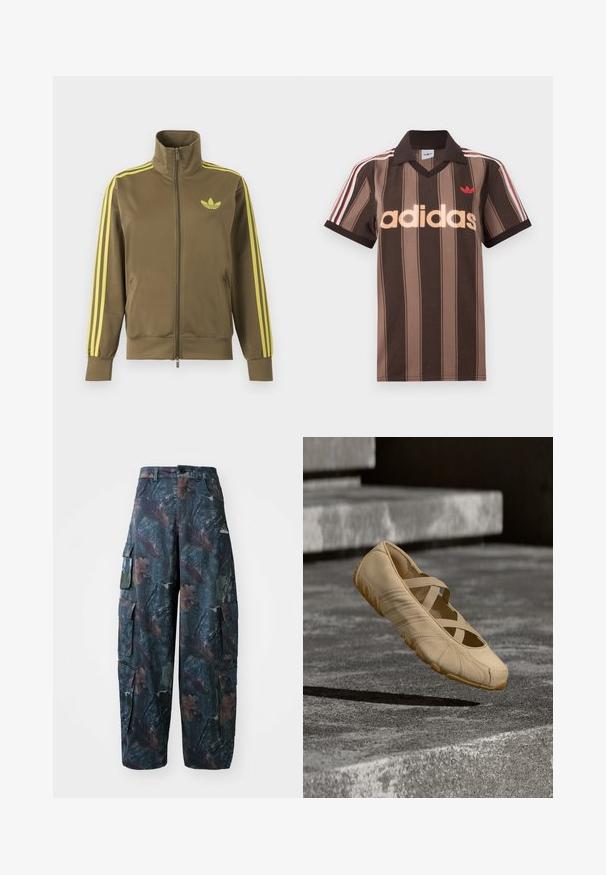 Oliven grøn lynlåstrøje med høj krave, gule tre striber på ærmerne og gult Adidas trefoil-logo på venstre bryst.; Brunstribet Adidas polo-shirt med V-hals, bordeaux krave og rødt logo. Har hvide og røde skulderstriber samt korte ærmer.; Camo cargo bukser i mørkegrøn og brun, med flere lommer og en løs pasform, lavet af letvægtigt, holdbart stof.; Beige Mary Jane-flad sko med krydsede elastiske stropper svævende over grå betontrin.