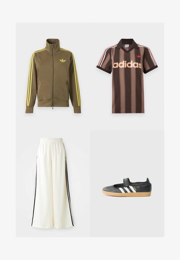 Olivovo zelená štýlová bunda na zips s vysokým golierom, žlté tri pruhy na rukávoch a žlté logo Adidas trefoil na ľavej strane hrude.; Hnedé prúžkované polo tričko Adidas s výstrihom do V, bordovým golierom a červeným logom. Má bielo-červené pruhy na ramenách a krátke rukávy.; Biele široké nohavice s elastickým pásom a čiernymi vertikálnymi pruhmi pozdĺž vonkajších švov.; Čierne kožené a zamšové tenisky s Velcro pásikom, s tromi bielymi pruhmi a gumenou podrážkou, označené nápisom "SAMBA" na boku.