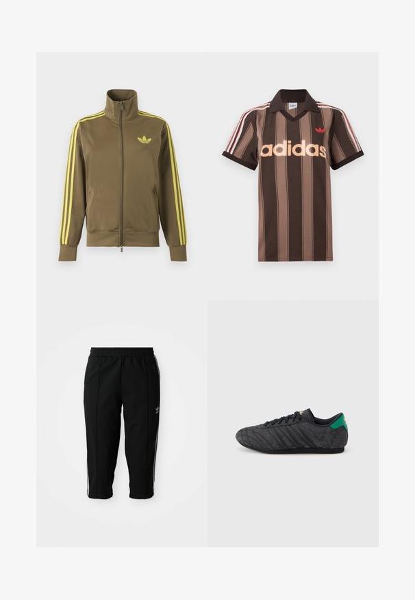 Oliivroheline lukuga spordijakk kõrge kraega, kollaste triipudega varrukatel ja kollase Adidas trefoil logoga vasakul rinnal.; Pruunide triipudega Adidas polotee, V-kaelusega, bordeau krae ja punase logoga. Omad valge ja punase triibuga õlad ning lühikesed varrukad.; Mustad mustrid spordipüksid elastse vöökohtaga, külgedel lukk-kotid ja valged aktsenttriibud õmbluste ääres. Valmistatud siledast ja vastupidavast materjalist.; Must madala profiiliga tennisejalanõu õrna lillemustriga, mustade paelte, rohelise kontsapleki ja kuldse logoga keelel ja kannal.