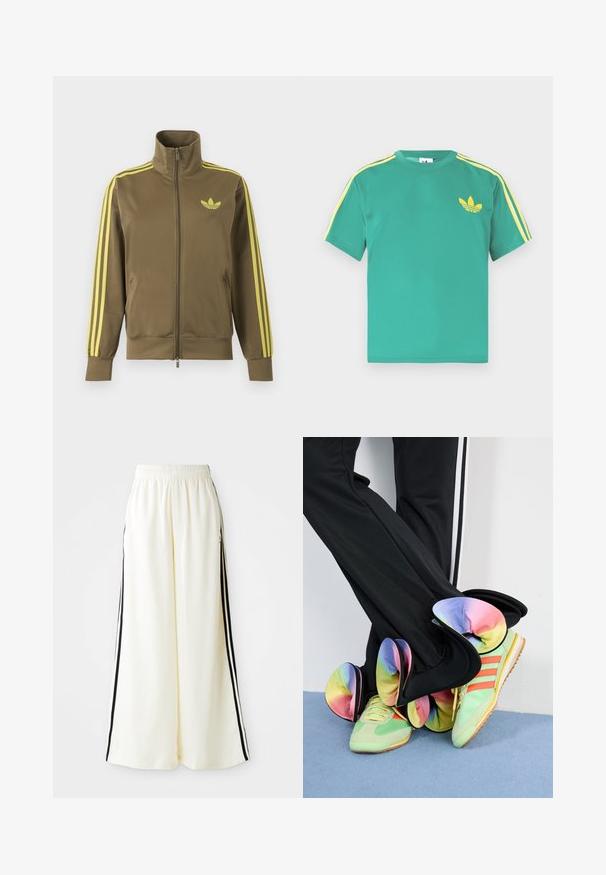 Oliivinvihreä vetoketjullinen juoksutakki korkealla kauluksella, keltaiset kolme raitaa hihoissa ja keltainen Adidas trefoil -logo vasemmassa rinnassa.; Vihreä puuvillainen lyhythihainen t-paita, jossa keltaiset raidat hartioilla ja kirjailtu kolmilehtinen logo rinnassa.; Valkoiset leveälahkeiset housut, joissa on joustava vyötärönauha ja mustat pystysuorat raidat ulkopuolisilla saumoilla.; Vihreät tennarit, joissa on oranssit raidat ja tekstuuriset yksityiskohdat, yhdistetty mustiin housuihin, joissa on moniväriset röyhelöhelmukset, asetettuna vaaleansiniselle lattialle.