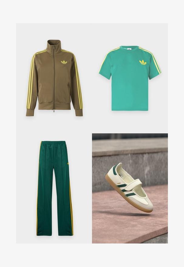 Zelená olivová bunda na zip s vysokým límcem, žlutými třemi pruhy na rukávech a žlutým logem Adidas trefoil na levé straně hrudi.; Zelené bavlněné tričko s krátkými rukávy, se žlutými pruhy podél ramen a vyšívaným logem s třemi listy na hrudi.; Zelené sportovní kalhoty se žlutými pruhy po stranách, elastickým pasem a dvěma bočními kapsami. Vyrobené z hladkého, lehkého materiálu.; Bílá kožená bota se zelenými pruhy, kulatá špička, zajištěná páskem. Guma podrážka, minimalistický design, vyvýšené šití podél horních okrajů.