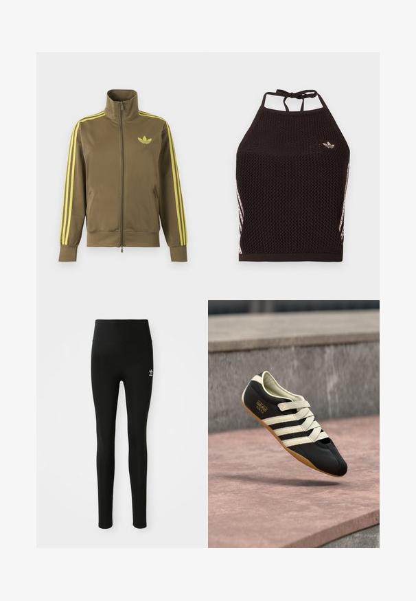 Olivgroene trainingsjas met rits en hoge kraag, gele drie strepen op de mouwen en geel Adidas trefoil-logo op de linkerborst.; Zwarte mesh halter crop top met een textuurpatroon. Voorzien van roze accentstrepen en een klein logo aan de voorkant. Sluiting met strik aan de achterkant.; Zwarte legging van rekbaar materiaal met een hoge taille, voorzien van een klein wit Adidas-logo op het linkerbeen. Gladde textuur.; Zwart sportschoen met crèmekleurige strepen en veters, met een laag profiel, gladde textuur en een rubberen zool voor grip. Merkenlabel zichtbaar.