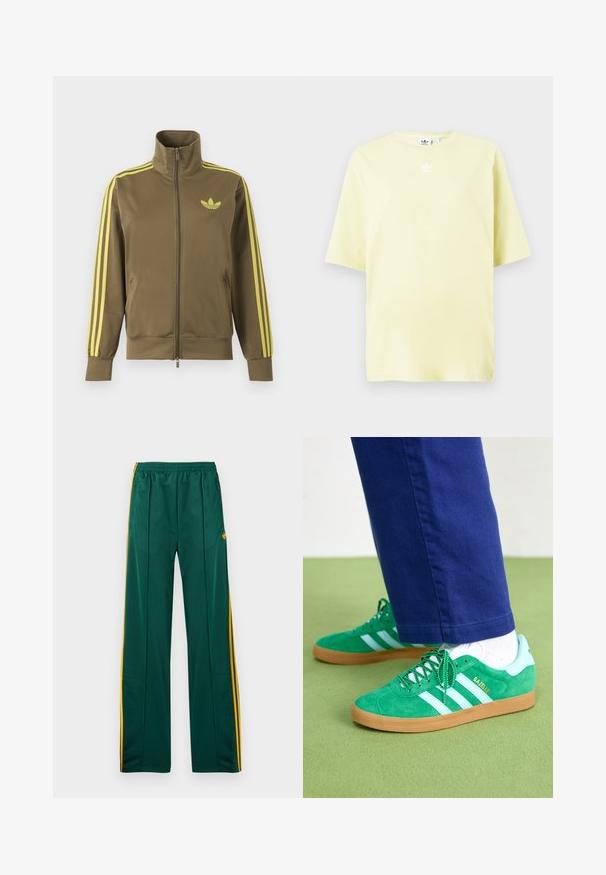 Olivovo zelená štýlová bunda na zips s vysokým golierom, žlté tri pruhy na rukávoch a žlté logo Adidas trefoil na ľavej strane hrude.; Svetložlté tričko Adidas s krátkymi rukávmi a malým bielym logom trefoil uprostred pri výstrihu.; Zelené športové nohavice so žltými bočnými pruhmi, elastickým pásom a dvoma bočnými vreckami. Vyrobené z hladkého, ľahkého materiálu.; Zelené semišové tenisky s bielymi pruhmi a akcentom, gumová podrážka, so zelenými šnúrkami a značkou na boku.