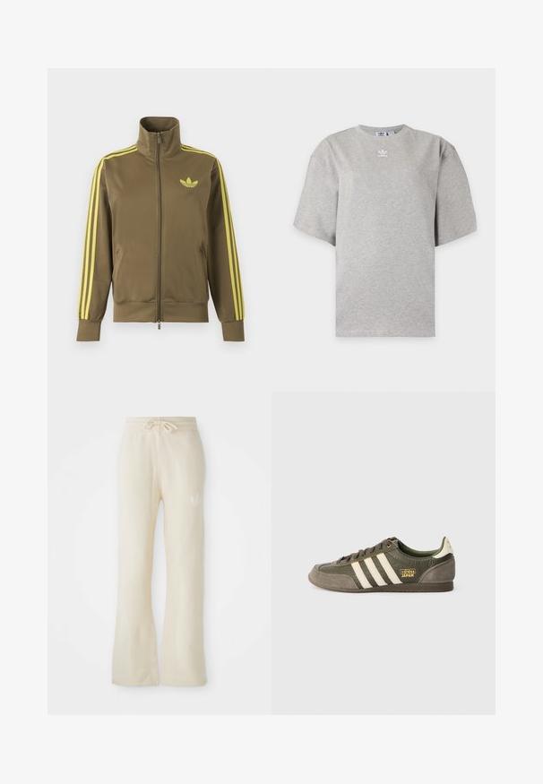 Oliven grøn lynlåstrøje med høj krave, gule tre striber på ærmerne og gult Adidas trefoil-logo på venstre bryst.; Lysegrå Adidas T-shirt med korte ærmer, rund hals og lille hvid Adidas-logo på brystet, vist på en ensfarvet baggrund.; Cremefarvede sweatpants med en blød tekstur, featuring en snoretræk i taljen og flair ben. Diskret logo detalje på venstre hofte.; Grønne og grå sneakers med tre hvide striber, tekstureret læder og ruskindsmateriale, guld logo accent og flad gummisål.