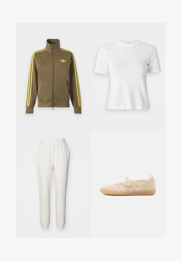 Oliivroheline lukuga spordijakk kõrge kraega, kollaste triipudega varrukatel ja kollase Adidas trefoil logoga vasakul rinnal.; Valge soonikkoes lühikeste varrukatega T-särk ümmarguse kaelusega ja väikese logoga rinnal. Valmistatud pehmest kangast ja sobib hästi selga.; Valged kitsenäärmega dressipüksid pehmest kangast elastse vöökoht ja pahkluude juures. Omab küljetaskuid mugavuseks.; Beež nahast Mary Jane stiilis sneaker konksude ja aasadega rihmaga, kummist tallaga, kolme õmmeldud triibuga ning kuldse "SAMBA" brändinguga külgedel.