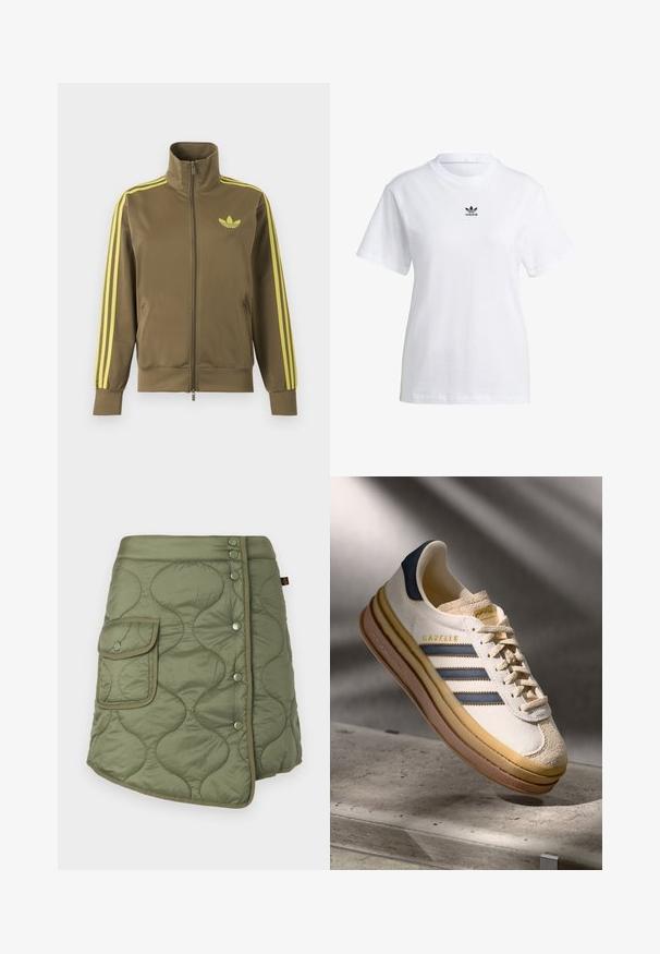 Olivovo zelená štýlová bunda na zips s vysokým golierom, žlté tri pruhy na rukávoch a žlté logo Adidas trefoil na ľavej strane hrude.; adidas Originals REGULAR FIT - Základné tričko - white; Prešívaná sukně olivové barvy s překrývací konstrukcí, obsahující boční kapsu, cvočky a hladkou, mírně lesklou texturu.; Tenisky Adidas Gazelle so smotanovým semišovým horným dielom, modrými koženými akcentmi, tromi modrými pruhmi, béžovou medzipodrážkou a hnedou gumovou podrážkou.