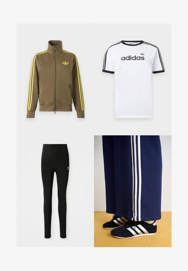 Chaqueta deportiva verde oliva con cremallera, cuello alto, tres rayas amarillas en las mangas y logo amarillo de Adidas trefoil en el pecho izquierdo.; Camiseta blanca de algodón con detalles en negro, presenta un cuello redondo, mangas cortas, tres rayas negras en los hombros y el logo "adidas" en negro.; Leggings negros hechos de material elástico con una cintura alta, que presentan un pequeño logo blanco de Adidas en la pierna izquierda. Textura suave.; Pantalones de chándal navy con tres rayas verticales blancas y zapatillas deportivas negras con rayas plateadas y una superficie texturizada. Suelo amarillo.