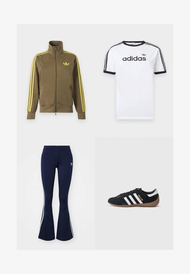 Chaqueta deportiva verde oliva con cremallera, cuello alto, tres rayas amarillas en las mangas y logo amarillo de Adidas trefoil en el pecho izquierdo.; Camiseta blanca de algodón con detalles en negro, presenta un cuello redondo, mangas cortas, tres rayas negras en los hombros y el logo "adidas" en negro.; Leggings acampanados de color azul marino, hechos de tela elástica, con franjas laterales blancas y un pequeño logotipo en la parte frontal. Textura suave en toda su superficie.; Zapatilla de ante negra con tres rayas blancas, suela de goma y un pequeño logo dorado en el lateral. Cuenta con un forro interior negro liso.