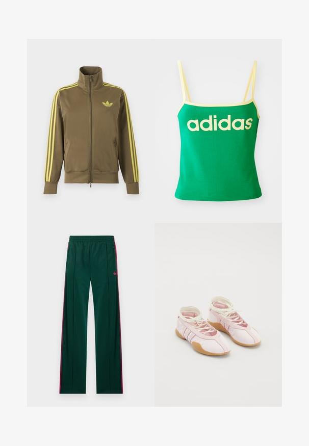 Chaqueta deportiva verde oliva con cremallera, cuello alto, tres rayas amarillas en las mangas y logo amarillo de Adidas trefoil en el pecho izquierdo.; Top verde con detalles amarillos, hecho de material elástico. Presenta un gran logo de "adidas" amarillo en el frente y tirantes delgados.; Pantalones deportivos verde oscuro con rayas laterales rosas, bolsillos con cremallera, cintura elástica y pequeño logo rosa de Adidas en el lado derecho.; Zapatillas de lona rosa con una textura suave, que presentan un diseño de cordones y una suela de goma. Detalles decorativos y tres franjas en el lateral.