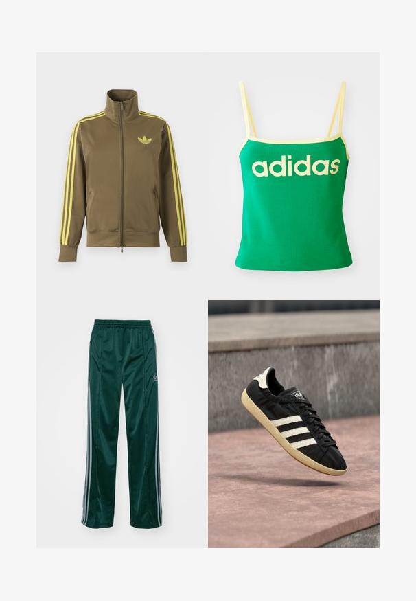 Veste de survêtement zippée vert olive avec col montant, trois bandes jaunes sur les manches et logo Adidas trefoil jaune sur la poitrine gauche.; Débardeur vert avec des accents jaunes, fabriqué dans un matériau extensible. Présente un grand logo "adidas" jaune sur le devant et des bretelles fines.; Pantalons de sport vert foncé en matériau brillant, avec des bandes latérales gris clair et un logo brodé sur la jambe gauche.; Baskets Adidas noires avec des bandes blanches et une semelle beige, capturées en plein air au-dessus d'une surface en pierre et d'un mur en pierre en arrière-plan.