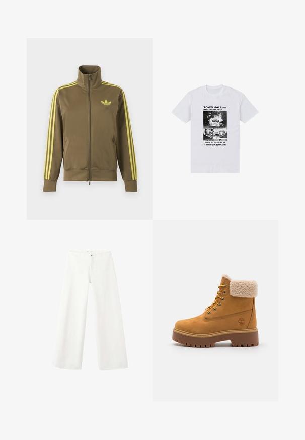 Oliven grøn lynlåstrøje med høj krave, gule tre striber på ærmerne og gult Adidas trefoil-logo på venstre bryst.; Hvid T-shirt med et sort vintage-stil Pink Floyd koncertplakat til Town Hall Leeds den 16. maj kl. 20:15.; Hvide bukser med vide ben med knap- og lynlåslukning, vist fladt på en hvid baggrund.; Tan ruskindsstøvle med en kunstig pelskrave, gyldne øjer og en kontrasterende gummisål. Har et logo på siden og struktureret sål.
