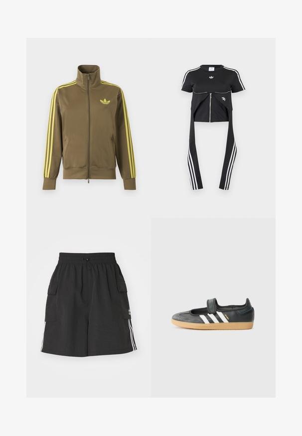 Olivovo zelená štýlová bunda na zips s vysokým golierom, žlté tri pruhy na rukávoch a žlté logo Adidas trefoil na ľavej strane hrude.; Čierny top s krátkym rukávom, bielymi pruhmi Adidas na rukávoch, detailom predného zipsu a predĺženými panelmi látky visiacimi dole s tromi bielymi pruhmi.; Čierne cargo šortky vyrobené z ľahkého materiálu, s elastickým pásom, sťahovaním na šnúrku, bočnými vreckami a bielymi bočnými pruhmi.; Čierne kožené a zamšové tenisky s Velcro pásikom, s tromi bielymi pruhmi a gumenou podrážkou, označené nápisom "SAMBA" na boku.