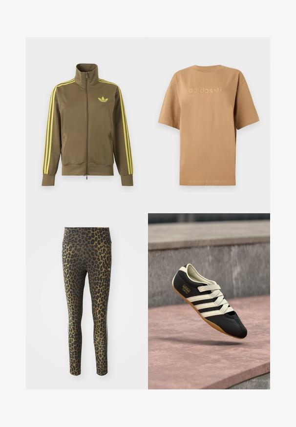 Olivovo zelená štýlová bunda na zips s vysokým golierom, žlté tri pruhy na rukávoch a žlté logo Adidas trefoil na ľavej strane hrude.; Hnedé bavlnené tričko s krátkymi rukávmi a okrúhlym výstrihom. Obsahuje vystúpené logo "adidas" a trojlístok v zodpovedajúcej farbe.; Legíny s leopardím vzorom s vysokým pásom, elastickou tkaninou a čiernymi akcentmi na svetlohnedom podklade, navrhnuté pre pohodlie a prispôsobenie.; Čierna športová obuv s krémovými pruhmi a šnúrkami, s nízkym profilom, hladkou textúrou a gumovou podrážkou pre lepšiu priľnavosť. Viditeľná značka značky.