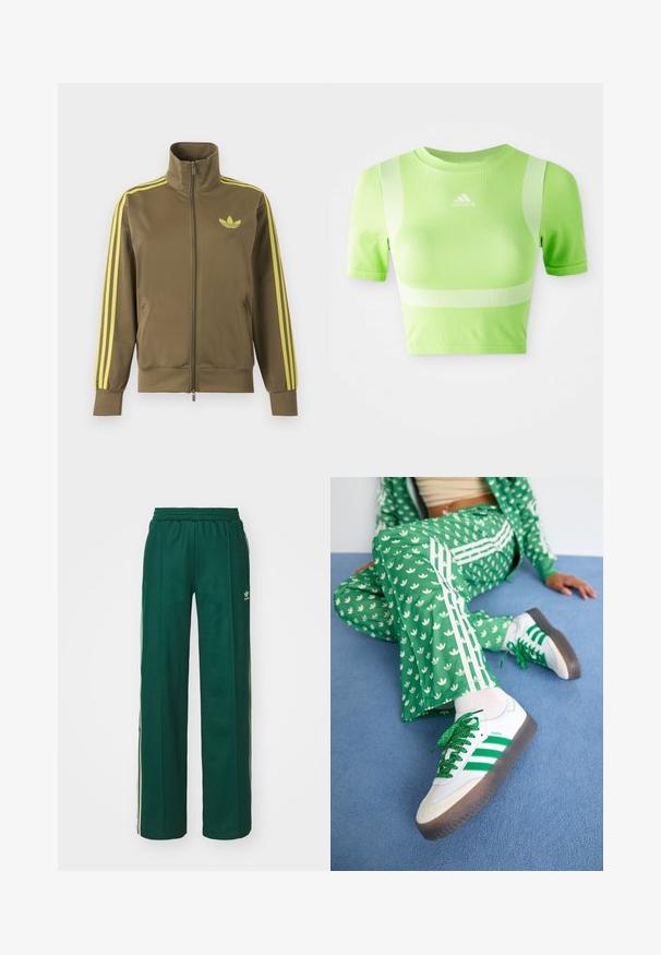 Olivgrüne Zip-Jacke mit hohem Kragen, gelben drei Streifen an den Ärmeln und gelbem Adidas-Trefoil-Logo auf der linken Brust.; Kurzes sportliches Shirt aus leuchtend grünem Stoff. Mit kurzen Ärmeln, Rundhalsausschnitt und weißem diagonalen Streifenmuster auf den Schultern. adidas-Logo auf der Vorderseite.; Dunkelgrüne Sporthose mit lockerer Passform, ausgestattet mit einem Kordelzugbund, Seitentaschen und cremefarbenen Streifen an den Seiten.; Grüner Trainingsanzug mit weißen Blumenmustern und weißen Streifen, kombiniert mit weißen Sneakern mit grünen Streifen und glitzernden Schnürsenkeln.