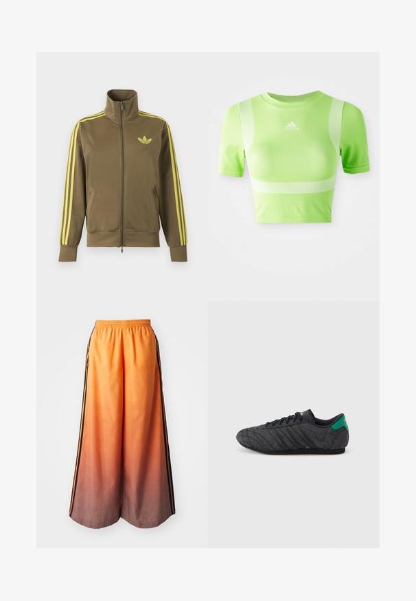 Olivgroene trainingsjas met rits en hoge kraag, gele drie strepen op de mouwen en geel Adidas trefoil-logo op de linkerborst.; Geknipt sportshirt van helder groene stof. Heeft korte mouwen, een ronde hals en een wit diagonale streepdesign op de schouders. adidas-logo aan de voorkant.; Oranje gradient wijde pantalon met een zwarte zijstrook, featuring een elastische tailleband en lichtgewicht materiaal.; Zwarte sneakers met een laag profiel, een subtiel bloemenpatroon, zwarte veters, een groene hielband en een gouden logo op de tong en hiel.