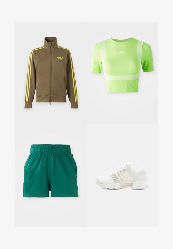 Oliven grøn lynlåstrøje med høj krave, gule tre striber på ærmerne og gult Adidas trefoil-logo på venstre bryst.; Kappet atletisk skjorte i lys grøn stof. Har korte ærmer, rund hals og hvidt diagonalt stribemønster på skuldrene. adidas-logo på fronten.; Grønne elastiske casual shorts med sidelommer og en diskret logo på højre ben.; Hvid sportssko med tekstureret mesh-overdel, gennemsigtige sidepaneler og en solid gummiydersål. Har snørelukning og polstret krave.