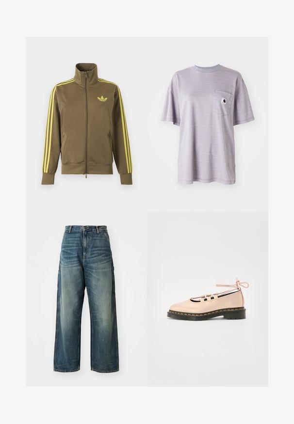 Oliivroheline lukuga spordijakk kõrge kraega, kollaste triipudega varrukatel ja kollase Adidas trefoil logoga vasakul rinnal.; Hele lilla lühikeste varrukatega T-särk, millel on peened horisontaalsed triibud ja rinnatasku, kus on väike brändi logo. Pehme puuvillane kangas.; Laiad denim püksid pleekinud sinises värvitoonis. Omavad nööbi kinnitust, viit taskut ja nähtavat õmblust. Materjal on sileda tekstuuriga.; Kerge roosa nahast king, millel on ümar varvas, teksikinnitus ja must platvormpõhi, mis on kaunistatud kollaste õmblustega.