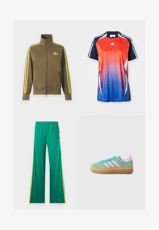 Oliven grøn lynlåstrøje med høj krave, gule tre striber på ærmerne og gult Adidas trefoil-logo på venstre bryst.; Adidas kortærmet sports T-shirt med en gradient fra rød til blå, med marineblå akcenter og hvide striber langs skuldrene.; Grønne træningsbukser med gule sidelommer, elastisk talje og lynlåslommer, vist fladt mod en hvid baggrund.; adidas Originals GAZELLE BOLD - Sneakers - powder teal/bliss lilac/pure teal