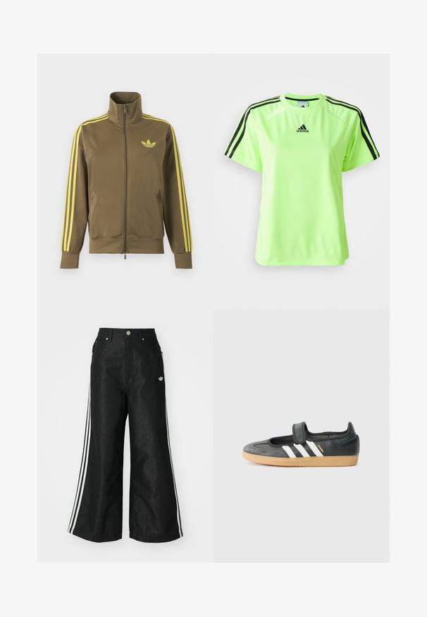 Olivgroene trainingsjas met rits en hoge kraag, gele drie strepen op de mouwen en geel Adidas trefoil-logo op de linkerborst.; Neon groene sport t-shirt van vochtregulerende stof. Kenmerkt een zwart driekleurig ontwerp op de schouders en een logo in het midden van de borst.; Zwarte denim broek met wijde pijpen, voorzien van drie witte strepen aan elke zijkant en een klein wit logo. Heeft voorzakken en een knoopsluiting.; Zwarte leren en suède sneaker met een klittenbandsluiting, voorzien van drie witte strepen en een gumzool, met de naam "SAMBA" aan de zijkant.