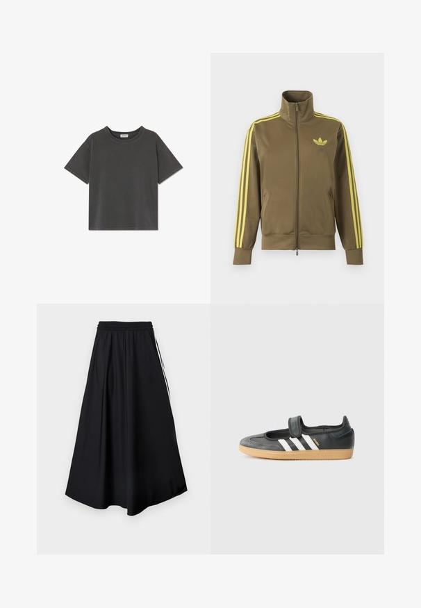 Olivovo zelená štýlová bunda na zips s vysokým golierom, žlté tri pruhy na rukávoch a žlté logo Adidas trefoil na ľavej strane hrude.; Tmavosivá krátky rukáv s okrúhlym výstrihom, rovný lem a viditeľné prešívanie na rukávoch a golieri.; Čierne nohavice s širokými nohavicami, elastickým pásom a bielymi bočnými pruhmi, zobrazené na jednoduchom bielom pozadí.; Čierne kožené a zamšové tenisky s Velcro pásikom, s tromi bielymi pruhmi a gumenou podrážkou, označené nápisom "SAMBA" na boku.