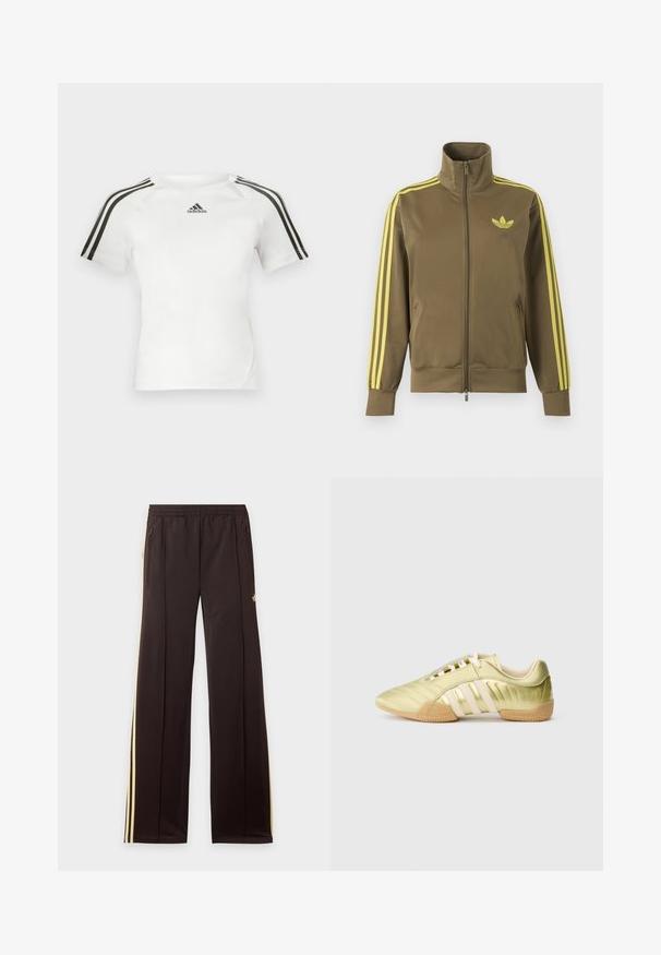 Olivgrüne Zip-Jacke mit hohem Kragen, gelben drei Streifen an den Ärmeln und gelbem Adidas-Trefoil-Logo auf der linken Brust.; Weißes kurzärmliges Sportshirt mit schwarzem Dreistrich-Design auf den Schultern, glatter Textur und kleinem schwarzen adidas-Logo auf der Brust.; Schwarze Jogginghose mit gelben Seitenstreifen, elastischem Bund, seitlichen Reißverschlusstaschen und kleinem Logo am oberen Oberschenkel.; Limettengrüner synthetischer Sportschuh mit glatter Textur, ausgestattet mit drei weißen Streifen, einem weichen Innenfutter und einer strukturierten Gummisohle.