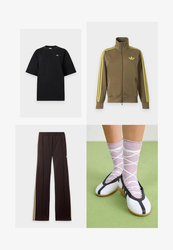 Oliven grøn lynlåstrøje med høj krave, gule tre striber på ærmerne og gult Adidas trefoil-logo på venstre bryst.; Sort T-shirt med korte ærmer og rund halsudskæring med lille hvid Adidas Trefoil-logo på venstre bryst, vist på en ensartet lys baggrund.; Sorte træningsbukser med gule sidelister, elastisk taljebånd, lynlåslommer i siderne og en lille logo på den øvre lår.; Ben iført ribbet lilla sokker med hvide krydsede stropper kombineret med hvide balletsko med sort kant på grøn gulv.