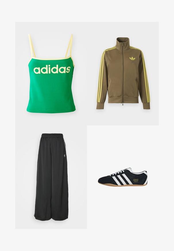 Olivovo zelená štýlová bunda na zips s vysokým golierom, žlté tri pruhy na rukávoch a žlté logo Adidas trefoil na ľavej strane hrude.; Zelený tank top s žltými akcentmi, vyrobený z elastického materiálu. Má veľké žlté logo "adidas" na prednej strane a tenké ramienka.; Čierne široké tréningové nohavice vyrobené z hladkej látky. Obsahujú elastický pás a bočné pruhy s logom.; Čierne semišové tenisky s bielymi tromi pruhmi, zlatým logom a hnedou gumovou podrážkou. Disponujú nízkym šnurovacím dizajnom.