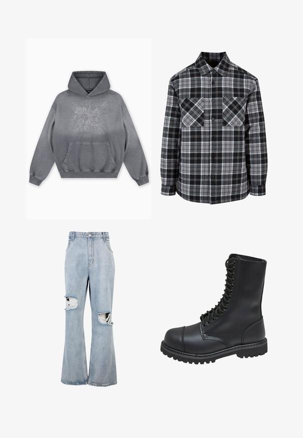 Camisa de cuadros en blanco y negro con botón en el frente, dos bolsillos en el pecho y mangas largas con puños. Hecha de tejido ligero.; Sudadera con capucha gris con un estampado texturizado que presenta "FAVELA Worldwide" y un diseño de águila, bolsillo canguro delantero y puños acanalados.; Jeans vaqueros de mezclilla azul claro de cintura alta con piernas anchas y agujeros desgastados prominentes en ambas rodillas, bordes deshilachados alrededor de los desgarros.; Bota de combate de cuero negro con caña alta, parte frontal con cordones, cuello acolchado y suela texturizada resistente para un buen agarre. Presenta una puntera reforzada.