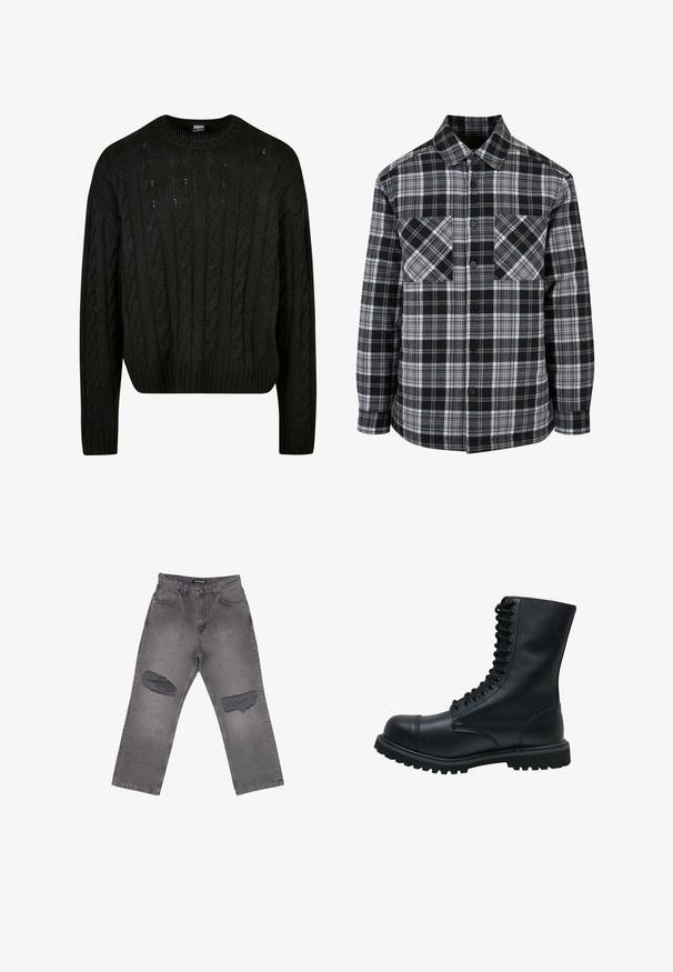 Zwart-wit geblokte blouse met een knopenrij aan de voorkant, twee borstzakken en lange mouwen met manchetten. Gemaakt van lichtgewicht stof.; Zwart gebreid sweater met kabelpatronen, ronde hals, verlaagde schouders en geribbelde zoom. Halve crop ontwerp met een textuurafwerking.; Grijze spijkerbroek met hoge taille, brede pijpen en grote versleten plekken op beide knieën, met voorzakken en riemlussen.; Zwarte leren veterschoen met een ronde neus, hoge schacht, dikke rubberen zool en een gestructureerd oppervlak. Heeft versterkte stiksels langs de naden.