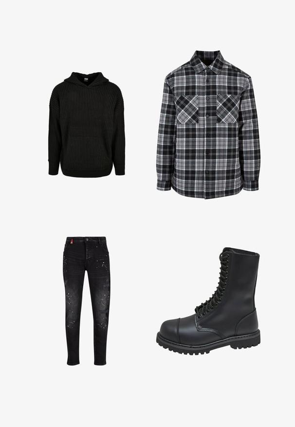 Chemise à carreaux noir et blanc avec un devant à boutons, deux poches poitrine et des manches longues à bords retroussés. Fabriquée en tissu léger.; Hoodie noir en tricot côtelé avec une poche avant et une capuche à cordon. Présente une coupe ample et un motif texturé sur le tissu.; Jean en denim noir avec des patchs déchirés, des accents de splatter de peinture blanche, une fermeture éclair et une coupe slim.; Botte de combat en cuir noir avec un haut tige, fermeture lacée à l'avant, col rembourré et semelle texturée robuste pour une meilleure adhérence. Dotée d'un capuchon de protection renforcé.
