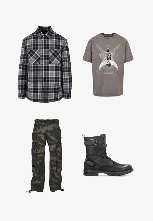 Schwarz-weiße Karobluse mit Knopfleiste, zwei Brusttaschen und langen Ärmeln mit gekrempelten Enden. Hergestellt aus leichtem Stoff.; Graues, übergroßes T-Shirt aus Baumwolle mit einem grafischen Aufdruck einer geflügelten Statue und stilisiertem Text auf der Vorderseite.; Tarnfarbene Cargo-Hosen in Dunkelgrün und Grau, ausgestattet mit mehreren Seitentaschen, einem Knopfverschluss und verstellbaren Knöchel-Zugbändern.; Kazar HEARD - Cowboy-/Bikerstiefelette - black