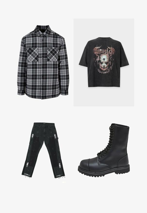 Chemise à carreaux noir et blanc avec un devant à boutons, deux poches poitrine et des manches longues à bords retroussés. Fabriquée en tissu léger.; T-shirt noir oversize avec un graphisme délavé d'un visage portant un collier à pointes et un texte gothique au-dessus.; Jeans en denim noir avec des patches déchirés, des ourlets effilochés et des accents texturés. Taille mi-haute avec un design standard à cinq poches.; Botte de combat en cuir noir avec un haut tige, fermeture lacée à l'avant, col rembourré et semelle texturée robuste pour une meilleure adhérence. Dotée d'un capuchon de protection renforcé.