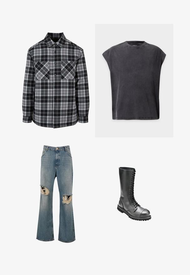 Zwart-wit geblokte blouse met een knopenrij aan de voorkant, twee borstzakken en lange mouwen met manchetten. Gemaakt van lichtgewicht stof.; Zwarte mouwloze T-shirt met ronde hals, een losse, vierkante pasvorm en licht verlaagde schouders op een effen achtergrond.; Blauwe spijkerbroek met wijde pijpen en grote gescheurde gaten op beide knieën die rafelige randen en witte draden tonen.; Zwarte leren veterlaarzen met een hoge schacht, ronde neus, gewatteerde kraag en een geprofileerde rubberen zool voor betere grip.