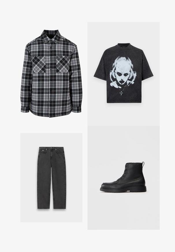 Chemise à carreaux noir et blanc avec un devant à boutons, deux poches poitrine et des manches longues à bords retroussés. Fabriquée en tissu léger.; T-shirt noir oversize avec un graphisme blanc représentant une personne chauve aux yeux foncés, rouge à lèvres, piercings et un collier avec un pendentif en forme de croix.; Jeans noirs à jambe droite avec cinq poches, fermeture à bouton et coutures visibles, posés à plat sur un fond neutre.; Botte à lacets en cuir noir texturé, avec une semelle épaisse et une languette à l'arrière, vue de côté.